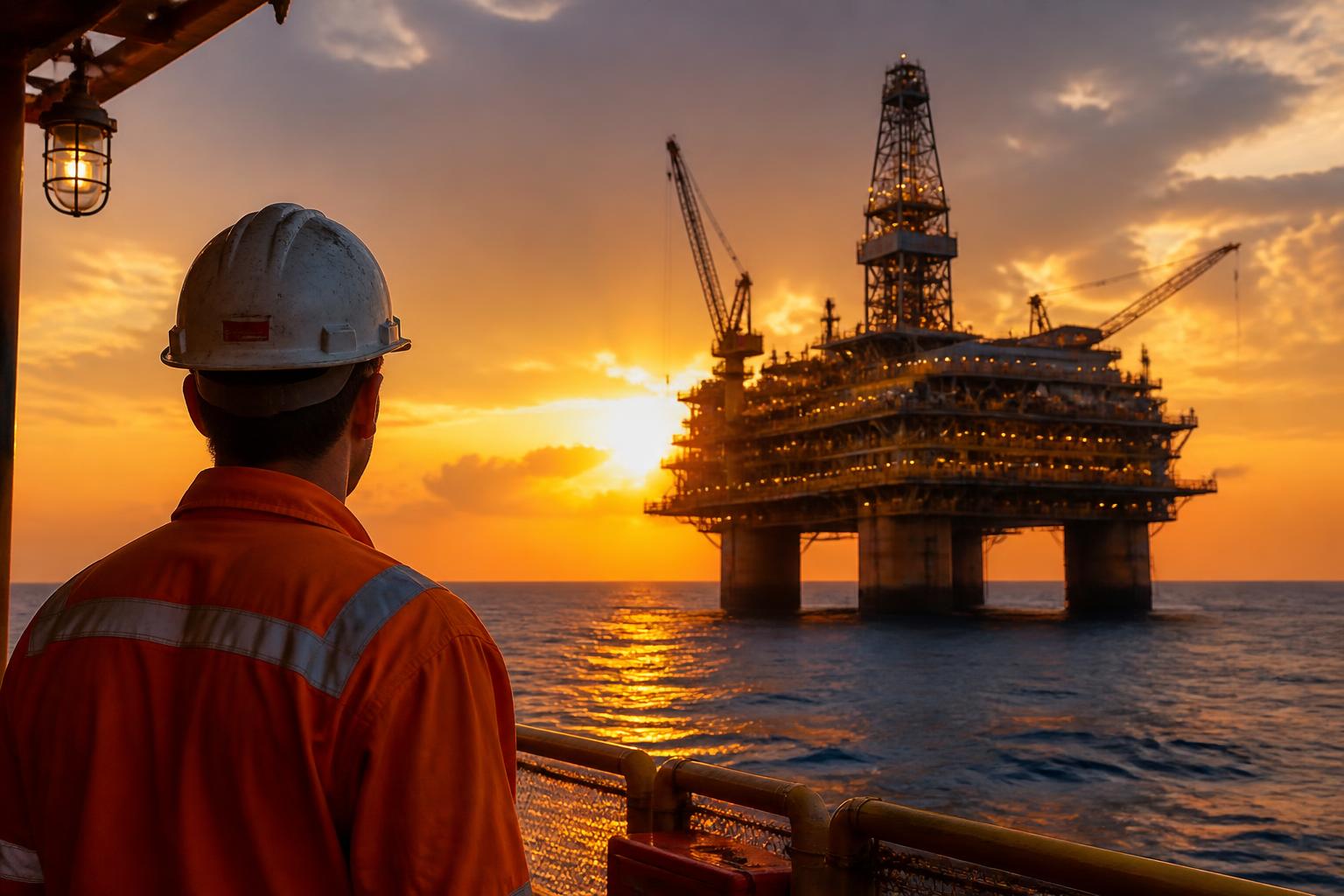 Trabalhador de plataforma de petróleo observando a plataforma offshore ao pôr do sol